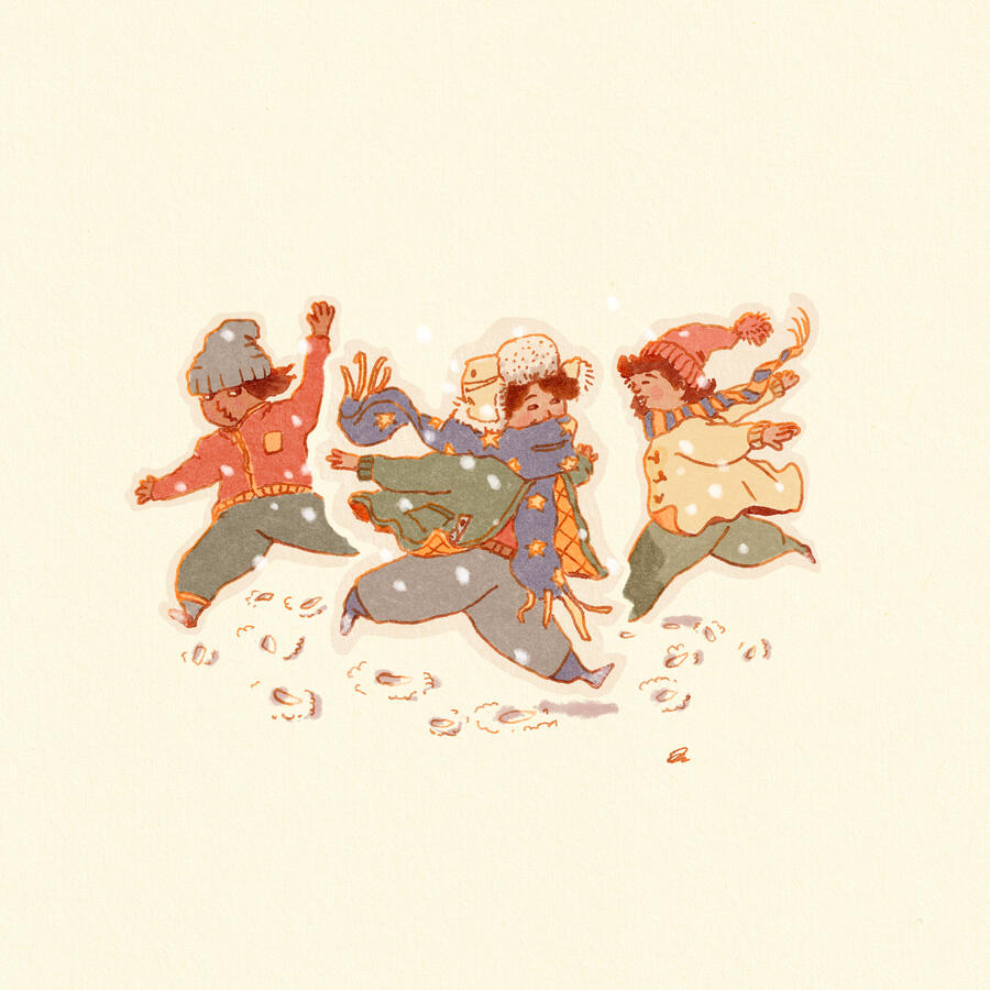 Three children, wrapped up in warm clothing, playing at being aeroplanes in the snow